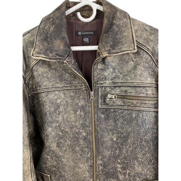 I.N.C. International Concepts Mens Large Distress Leather Jacket  Zip Pockets - Picture 2 of 7
